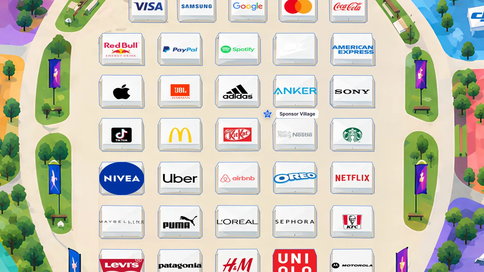 Detailed view of Sponsor Village booths with brand logos and precise polygon boundaries