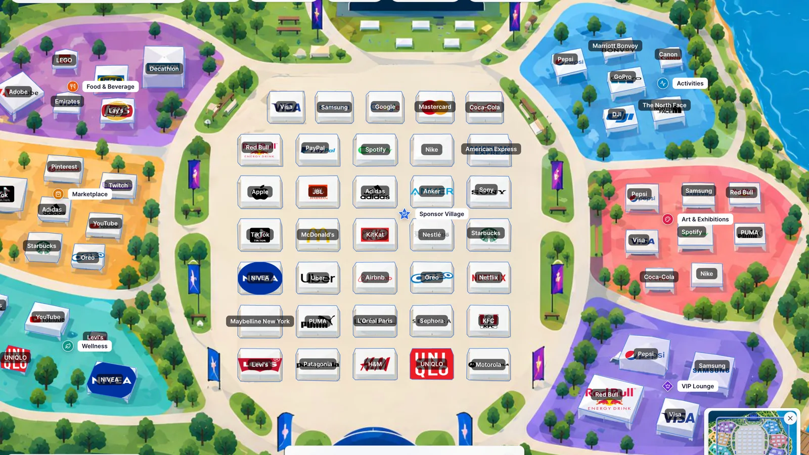 Interactive River Beats Festival map highlighting stage zones, sponsor booth boundaries, and partner activations